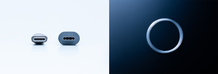 【Foto①：Vergleich der Steckergrößen (Nitto Produkt auf der linken Seite)】 【Foto②：Nitto Plastic Optical Fiber (POF)】